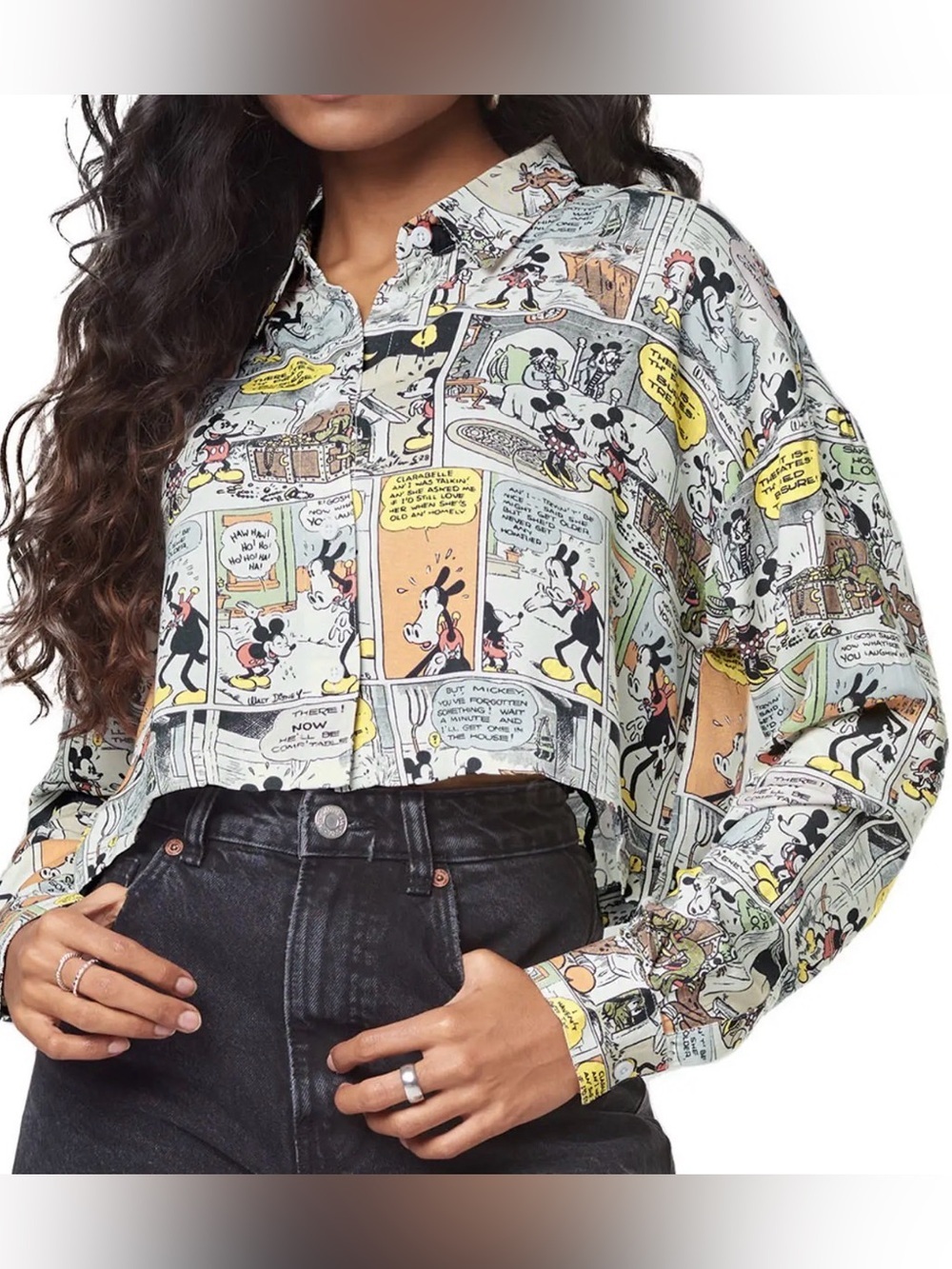 Disney Mickey Mouse Comic Strip Cropped Button Down Shirt Size Medium EUC